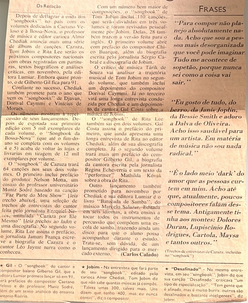 FOLHA ILUSTRADA - CAZUZA, RITA E JOBIM GANHAM SONGBOOKS (16-9-1990)