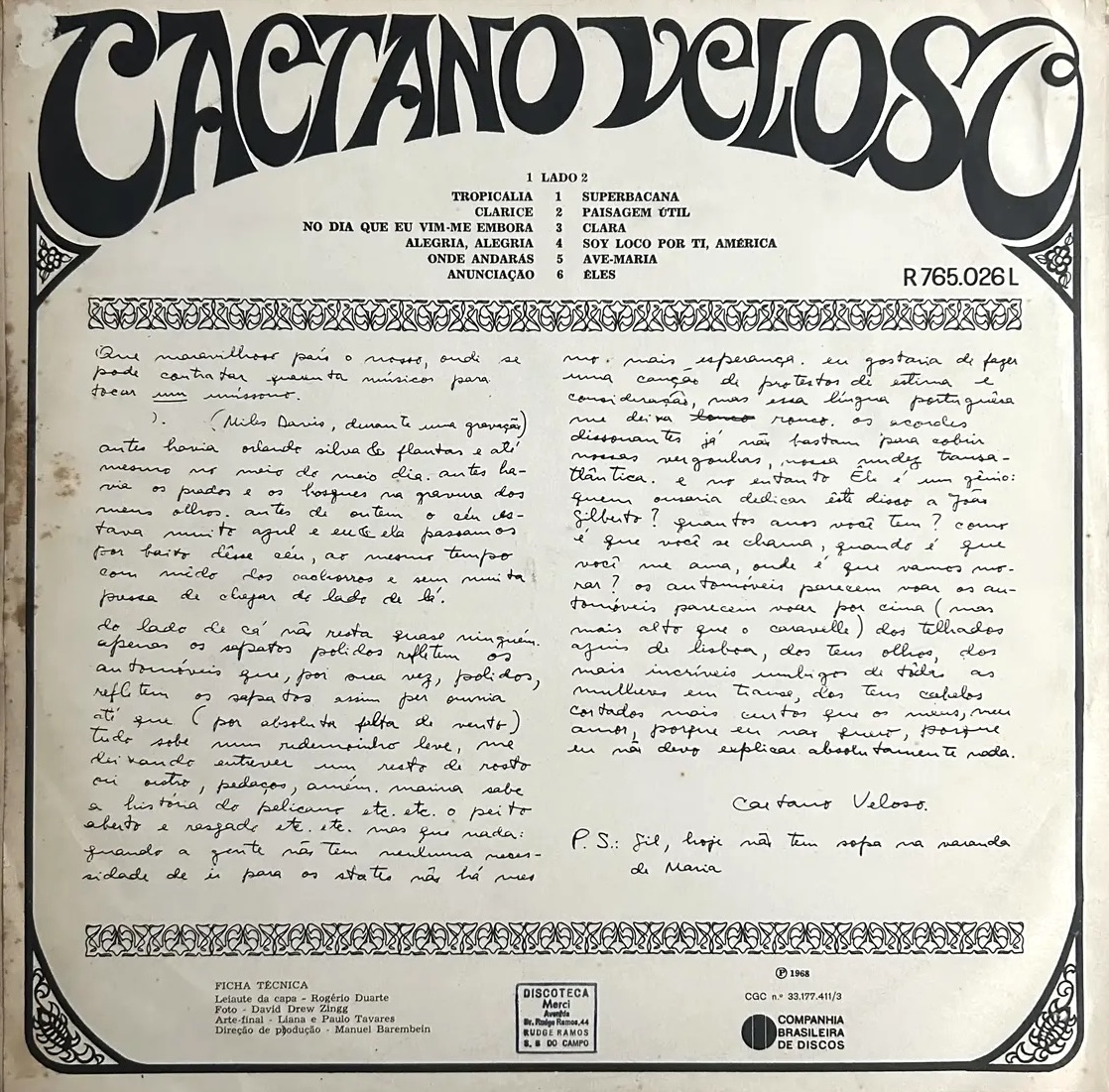 Caetano Veloso - Caetano Veloso (1968) encarte